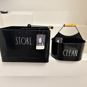 Rae Dunn Black Metal Bins with Wooden Handles